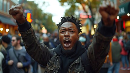 Amidst the throng, a resolute African American man, imbued with pride and conviction, raised his fists in defiance against racial injustice.stock image