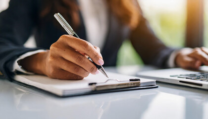 
A businesswoman's hand holding a pen, poised to write on a form atop a white table. The macro focus highlights the meticulousness and attention to detail required in business documentation