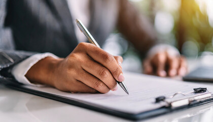 
A businesswoman's hand holding a pen, poised to write on a form atop a white table. The macro focus highlights the meticulousness and attention to detail required in business documentation