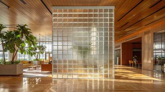 Glass blocks wall in modern house interior design, stylish contemporary decoration