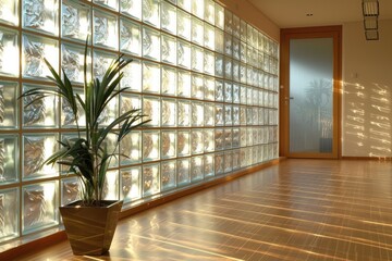 Glass blocks wall in modern house interior design, stylish contemporary decoration
