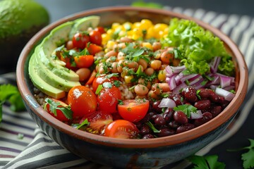 Appetizing Salad Bowl with Avocado, Cherry Tomatoes, and Grains