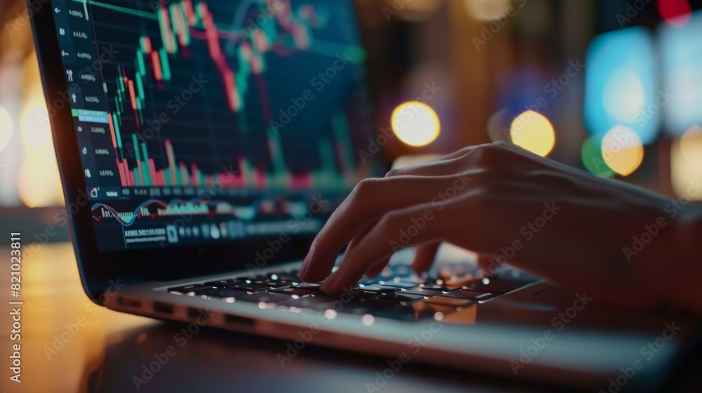 Leinwandbilder close-up of hands typing on a laptop keyboard with a stock chart visible on the screen.
