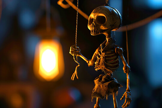 A skeleton marionette hangs in a dimly lit room, creating mystery and eeriness - Powered by Adobe