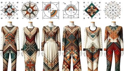 Clothing designs incorporating geometric patterns generated using sine and cosine equations. The fabric patterns are unique and stylish.