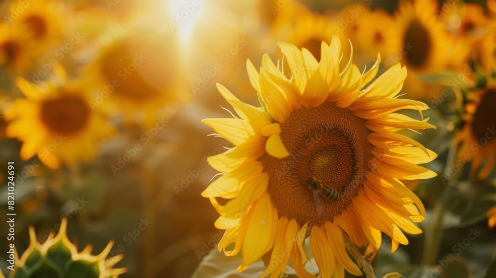 Poster close-up of sunflowers with bees collecting nectar in a vast field.