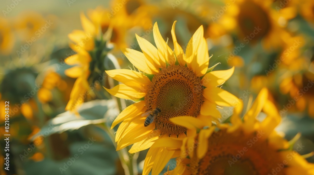 Poster close-up of sunflowers with bees collecting nectar in a vast field.