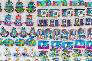 Fototapeta premium Colorful collection of Bodrum themed souvenir magnets featuring nautical and architectural designs, perfect for travel and souvenir advertising. Bodrum, Mugla, Turkey (Turkiye)