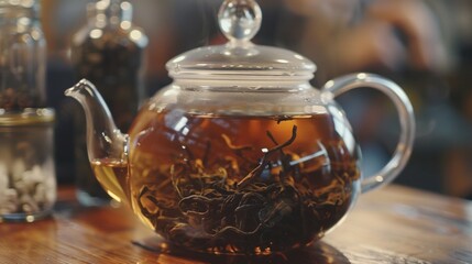 Close-up of tea leaves being steeped in a clear glass teapot.