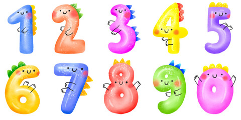 Monthly childish numbers with cute dinosaurs. Dinocards templates.  From 1 to 10 figures. Cute funny numbers for little baby on isolated background