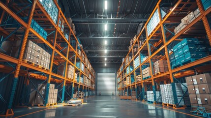 Fototapeta premium A large warehouse with many boxes and pallets