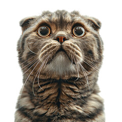 Close up of a cat feeling scared with wide eyes and ears back die cut PNG style isolated on white and transparent background