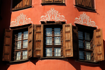Three windows on the facade of the Georgiadi House, an example of National Revival Architecture in...