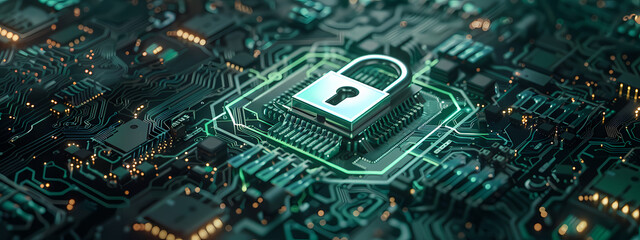 Fototapeta premium Glowing Padlock on Digital Circuit Board