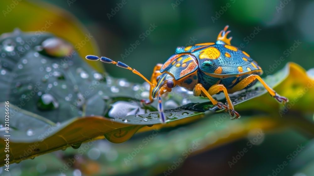 Poster Colorful shield bug resting on a leaf with its unique patterns.