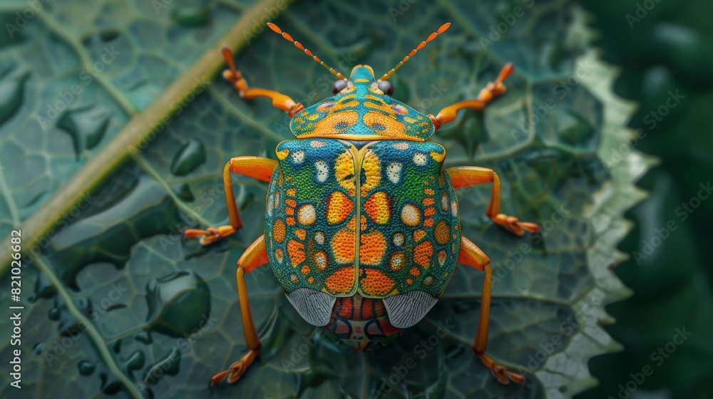 Poster Colorful shield bug resting on a leaf with its unique patterns.