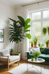 Interior of living room with green houseplants and sofas