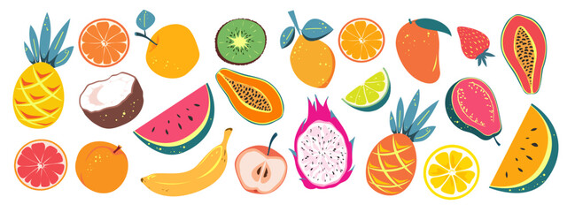 Set of tropical fruits. Watermelon, banana, pineapple, etc. Vector illustration of exotic fruits on a white background.