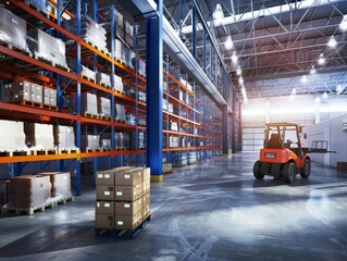 Fototapeta premium A forklift is driving through a warehouse filled with boxes