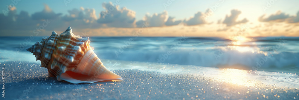 Aufkleber beautiful conch shell resting on white sand at the beach with ocean waves in the background during a