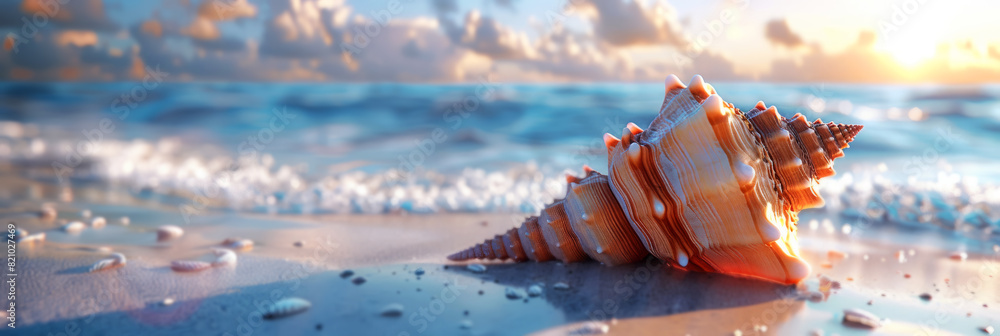 Aufkleber beautiful conch shell resting on white sand at the beach with ocean waves in the background during a