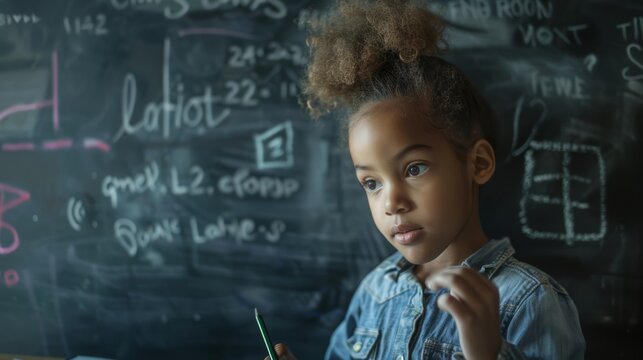 A young girl is holding a pencil and writing on a blackboard