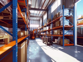Obraz premium A forklift is driving through a warehouse filled with boxes