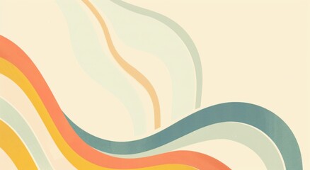 abstract background 1970s retro groovy simple line art logo, pastel colors on a cream background with long curved lines 