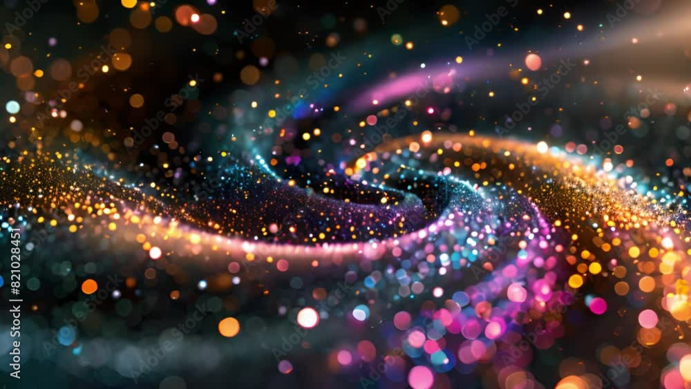 Poster an abstract digital artwork showcases a mesmerizing swirl of colorful sparkling lights, creating a c