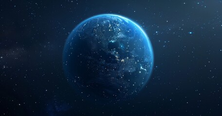 Obraz premium A blue planet with lights glowing in the night sky, representing Earth from space. 