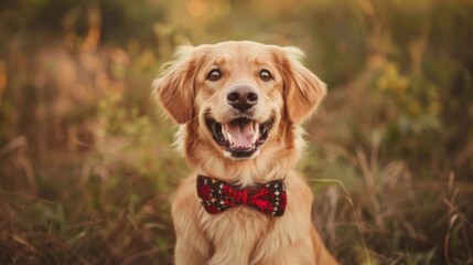 Cute dog wearing a bowtie sitting obediently with a big smile on its face.