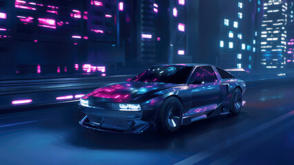 3d render car driving on the city streets at night with neon lights and in a cyberpunk style