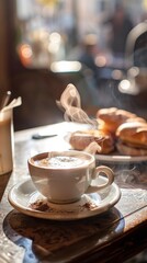 Fototapeta premium A cup of coffee and a plate of pastries on a table