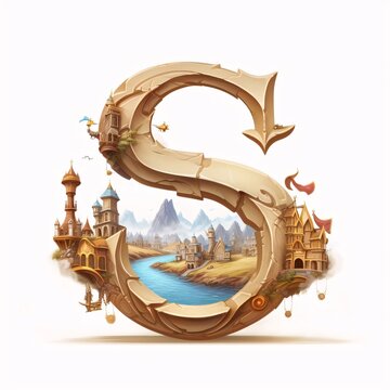 Alphabet S with fantasy castles and river on white background - illustration