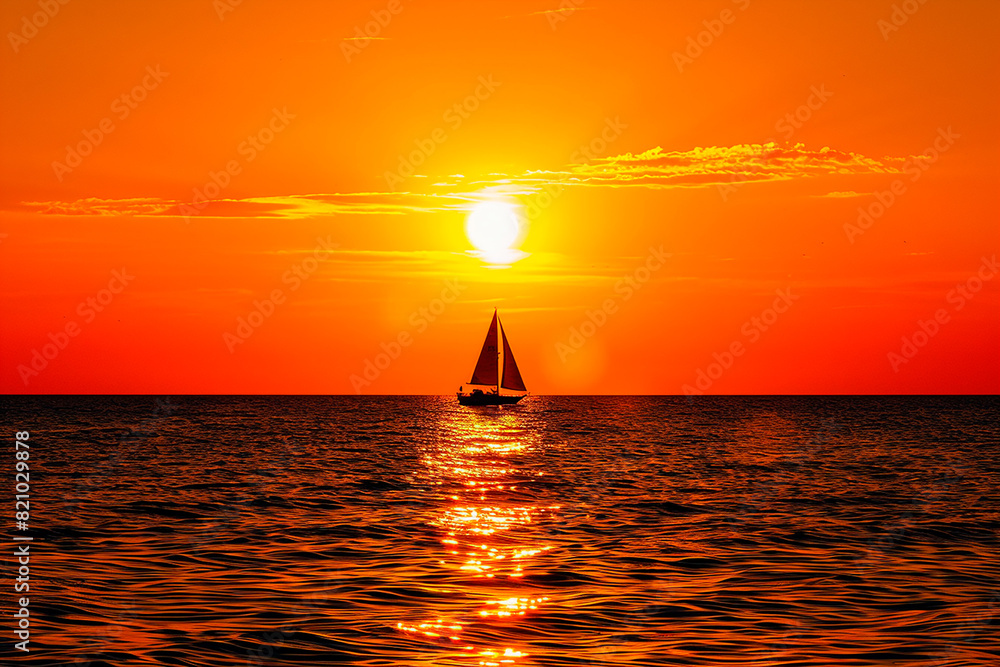 Poster A sailboat is sailing in the ocean at sunset