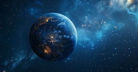 A dark blue background with the Earth in space, illuminated by city lights at night.