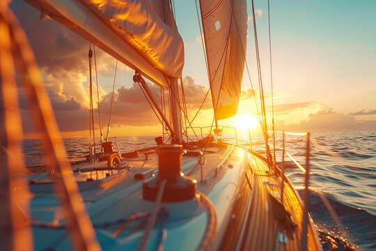 A sailboat is sailing in the ocean with the sun setting in the background