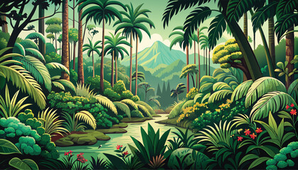 Picturesque Tropical forest landscape with a river and a mountain in the distance - color vector illustration