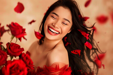 A woman is smiling and surrounded by red roses