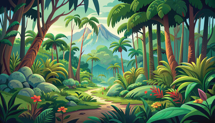 Fabulous landscape of a tropical forest with a path and a mountain in the distance color vector illustration