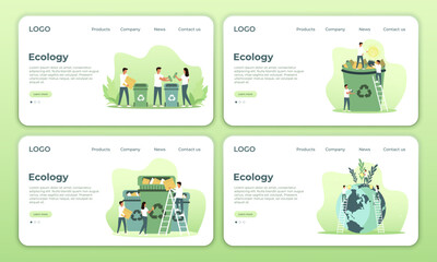 Set of ecology and eco friendly web banners for your site. Vector illustration of people taking care of the environment. Vector EPS 10
