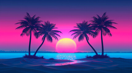 Obraz premium retro aesthetic with palm trees and tropical sunset background.1990's style for poster and banner design.