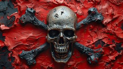metallic skull pirate pin on a waving red and black flag hacker emblem death danger symbol.illustration stock image