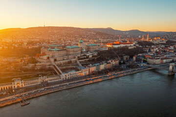 Top view of city of Budapest at sunset