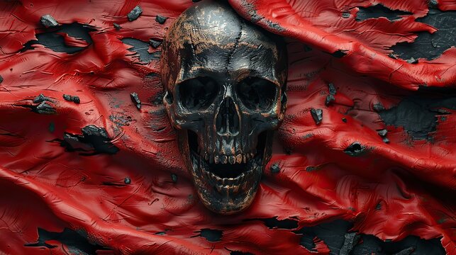 metallic skull pirate pin on a waving red and black flag hacker emblem death danger symbol.illustration