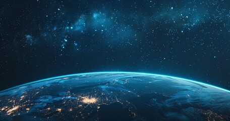 Earth from Space: Glowing City Lights on Dark Blue Background

