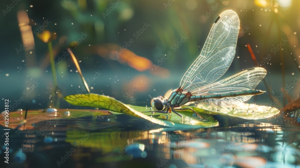 Aufkleber dragonfly with transparent wings resting on a leaf by the water.