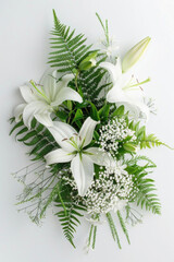 Small bouquet with green and white flowers on white background