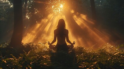 a woman in lotus pose in nature practicing yoga meditation in a forest mindfulness until spiritual awareness and nirvana inside mystical light effects.stock photo