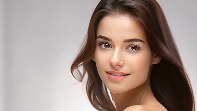 Closeup portrait of young beauty woman with fair perfect healthy glow skin , model makeup cosmetic advertisement style isolated on white